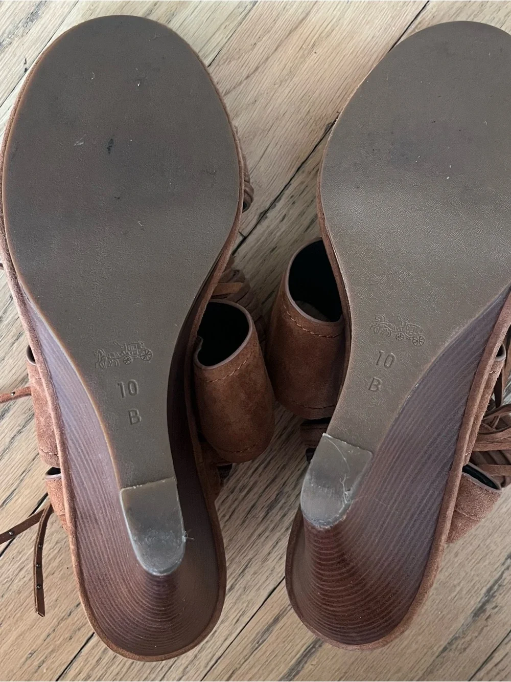 COACH Delaney Suede Fringe Wedge Sandals Saddle Tan Boho Ankle Cuff Size 10 EUC